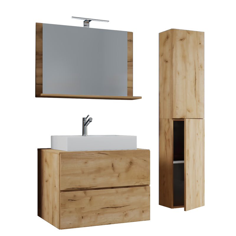 Luce Set Bagno 4 Pezzi Mobile sospeso 2 casetti con lavabo bianco XL in ceramica incl Colonna e specchio, Rovere