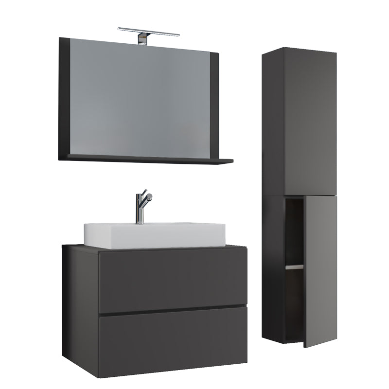 Luce Set Bagno 4 Pezzi Mobile sospeso 2 casetti con lavabo bianco large in ceramica include 1 Colonna e specchio, Antracite