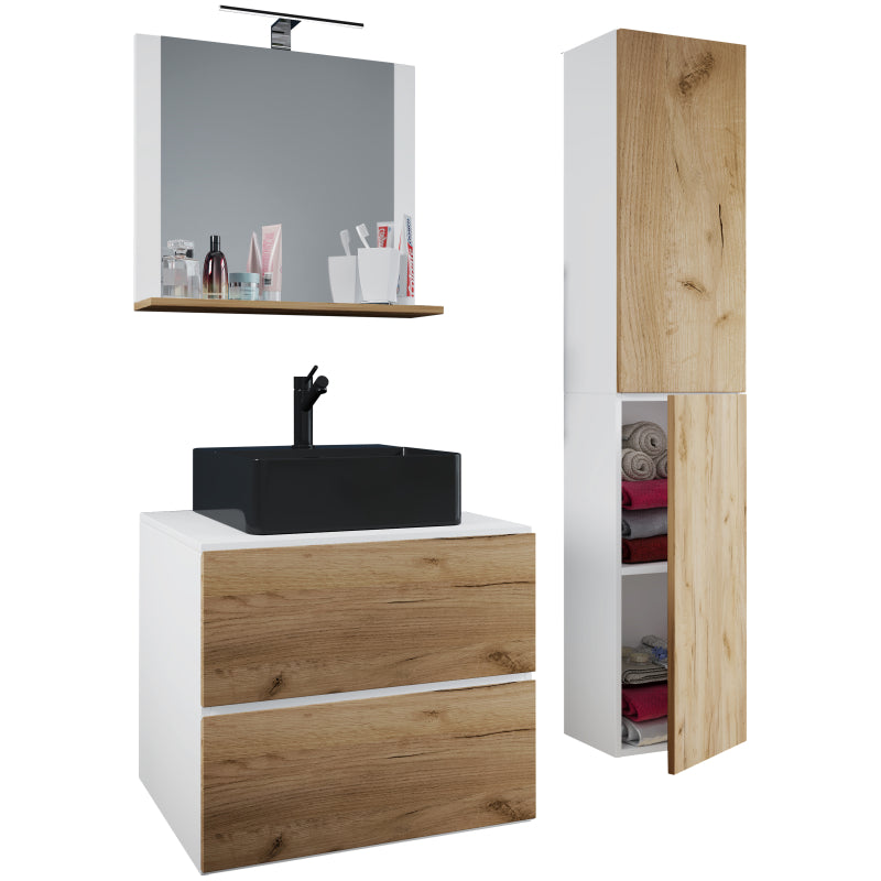 Luce Set Bagno 4 Pezzi Mobile sospeso 2 casetti con lavabo nero large in ceramica include 1 Colonna e specchio, Rovere/Bianco