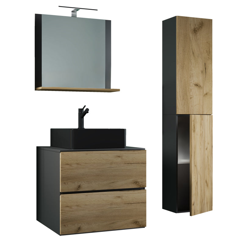Luce Set Bagno 4 Pezzi Mobile sospeso 2 casetti con lavabo nero large in ceramica include 1 Colonna e specchio, Antr./Rovere
