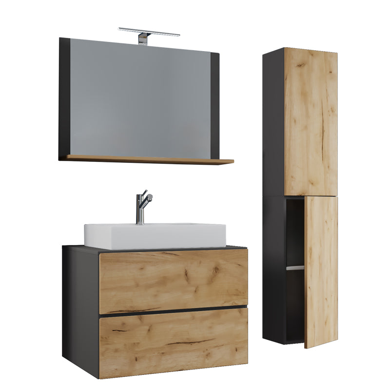 Luce Set Bagno 4 Pezzi Mobile sospeso 2 casetti con lavabo bianco XL in ceramica incl Colonna e specchio, Antr/Rovere