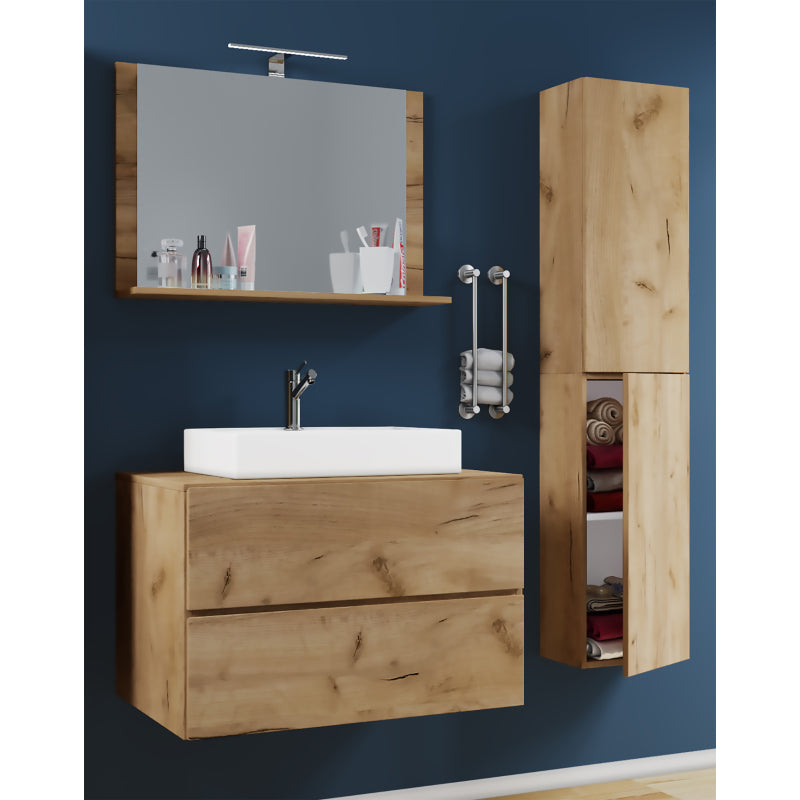Luce Set Bagno 4 Pezzi Mobile sospeso 2 casetti con lavabo bianco large in ceramica include Colonna e specchio, Rovere miele