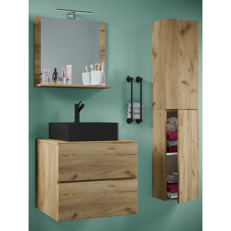 Luce Set Bagno 4 Pezzi Mobile sospeso 2 casetti con lavabo nero large in ceramica include 1 Colonna e specchio, Rovere miele