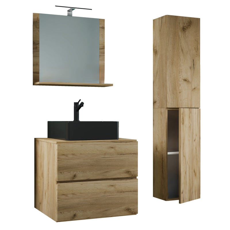 Luce Set Bagno 4 Pezzi Mobile sospeso 2 casetti con lavabo nero large in ceramica include 1 Colonna e specchio, Rovere miele
