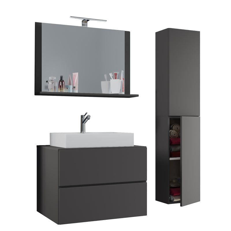Luce Set Bagno 4 Pezzi Mobile sospeso 2 casetti con lavabo bianco large in ceramica include 1 Colonna e specchio, Antracite