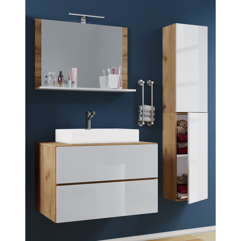Luce Set Bagno 4 Pezzi Mobile sospeso 2 casetti con lavabo bianco XL in ceramica incl Colonna e specchio, Rov.Bianco