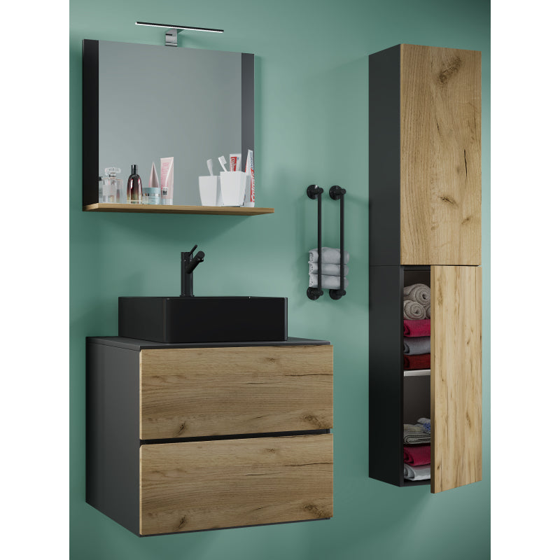 Luce Set Bagno 4 Pezzi Mobile sospeso 2 casetti con lavabo nero large in ceramica include 1 Colonna e specchio, Antr./Rovere