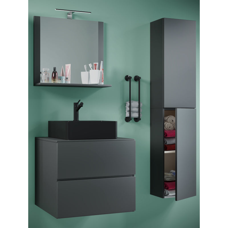 Luce Set Bagno 4 Pezzi Mobile sospeso 2 casetti con lavabo nero large in ceramica include 1 Colonna e specchio, Antracite