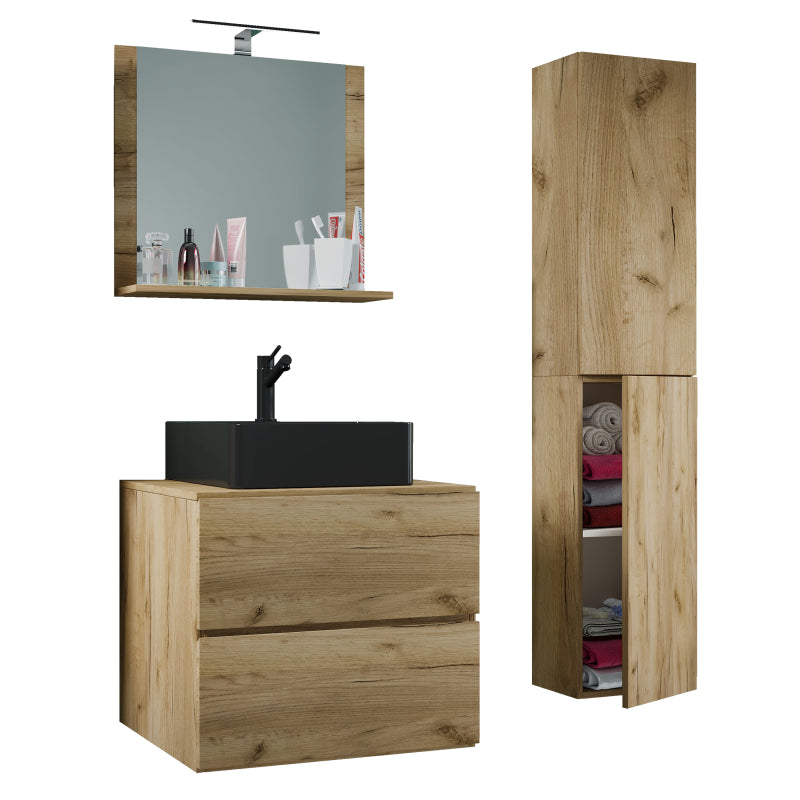 Luce Set Bagno 4 Pezzi Mobile sospeso 2 casetti con lavabo nero large in ceramica include 1 Colonna e specchio, Rovere miele