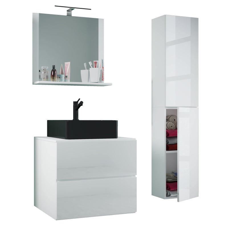 Luce Set Bagno 4 Pezzi Mobile sospeso 2 casetti con lavabo nero large in ceramica include 1 Colonna e specchio, Bianco