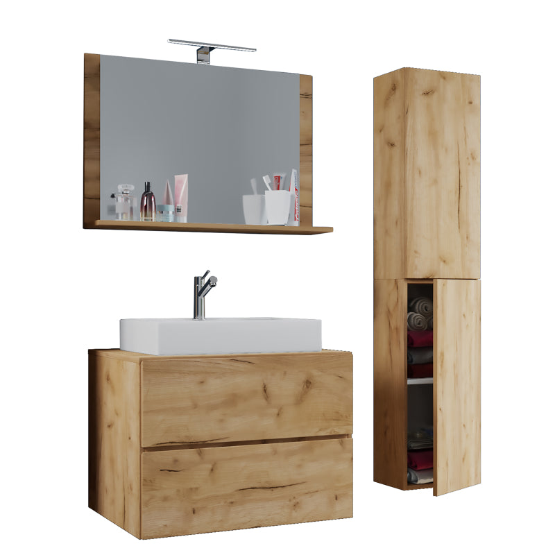 Luce Set Bagno 4 Pezzi Mobile sospeso 2 casetti con lavabo bianco large in ceramica include Colonna e specchio, Rovere miele