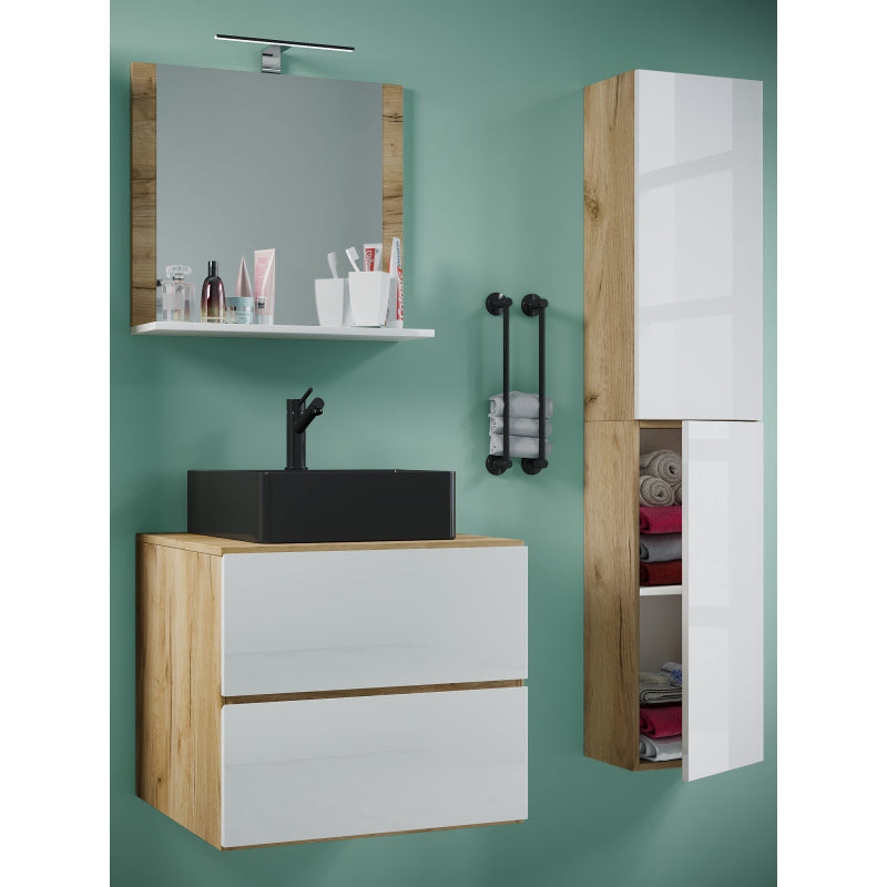 Luce Set Bagno 4 Pezzi Mobile sospeso 2 casetti con lavabo nero large in ceramica include 1 Colonna e specchio, Rovere/Bianco
