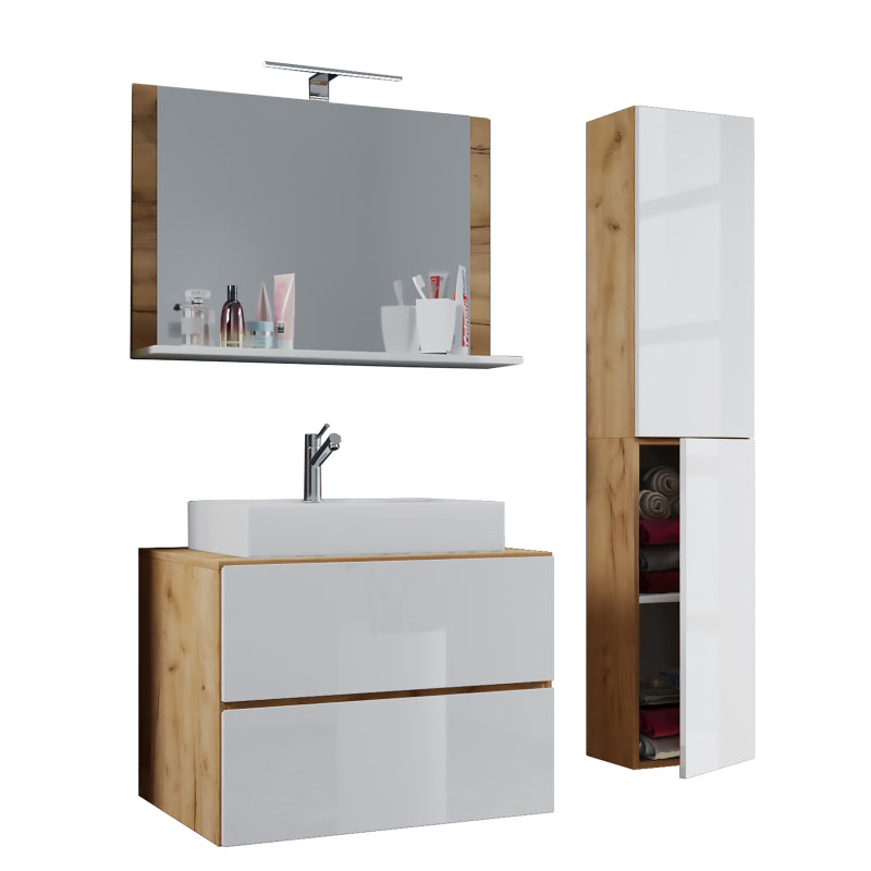 Luce Set Bagno 4 Pezzi Mobile sospeso 2 casetti con lavabo bianco XL in ceramica incl Colonna e specchio, Rov.Bianco