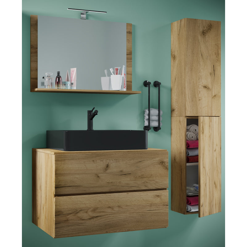 Luce Set Bagno 4 Pezzi Mobile sospeso 2 casetti con lavabo nero XL in ceramica include 1 Colonna e specchio, Rovere miele