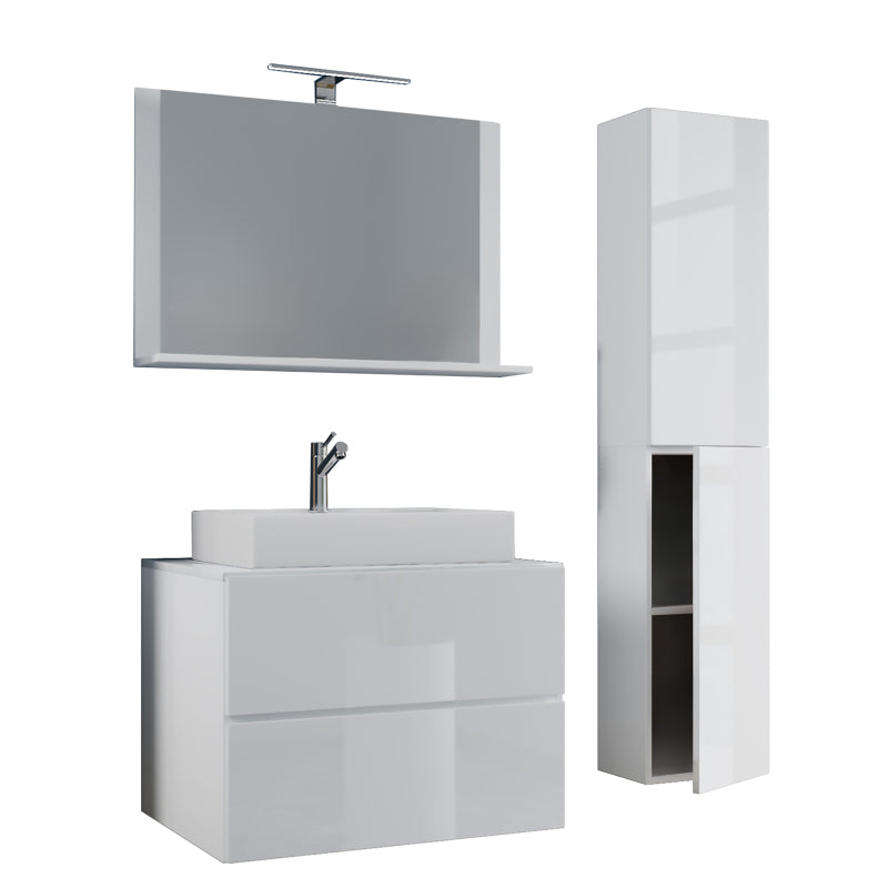 Luce Set Bagno 4 Pezzi Mobile sospeso 2 casetti con lavabo bianco Extra large in ceramica include Colonna e specchio, Bianco