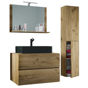 Luce Set Bagno 4 Pezzi Mobile sospeso 2 casetti con lavabo nero XL in ceramica include 1 Colonna e specchio, Rovere miele