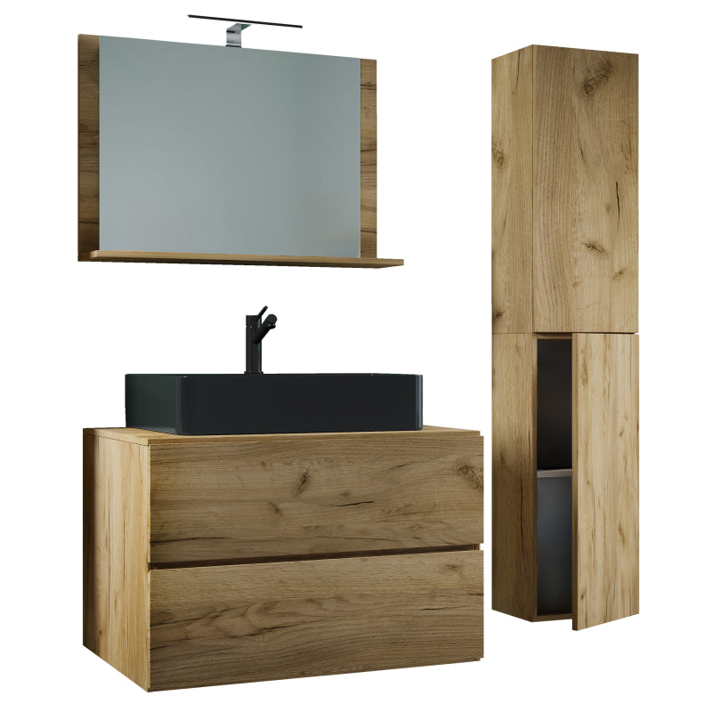 Luce Set Bagno 4 Pezzi Mobile sospeso 2 casetti con lavabo nero XL in ceramica include 1 Colonna e specchio, Rovere miele