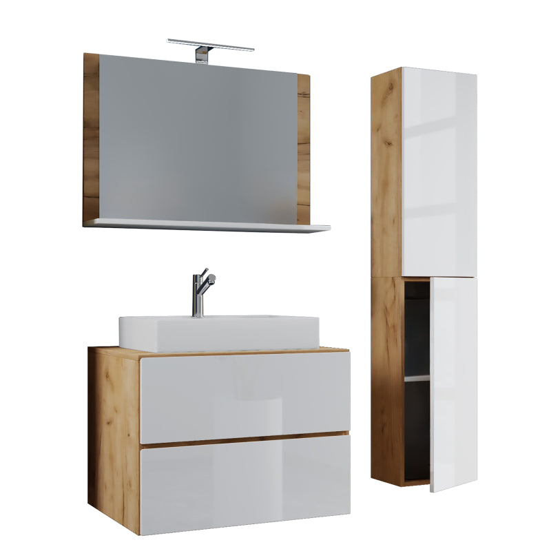 Luce Set Bagno 4 Pezzi Mobile sospeso 2 casetti con lavabo bianco XL in ceramica incl Colonna e specchio, Rov.Bianco