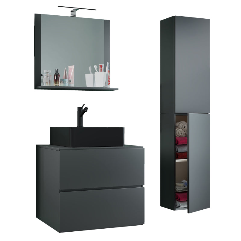 Luce Set Bagno 4 Pezzi Mobile sospeso 2 casetti con lavabo nero large in ceramica include 1 Colonna e specchio, Antracite