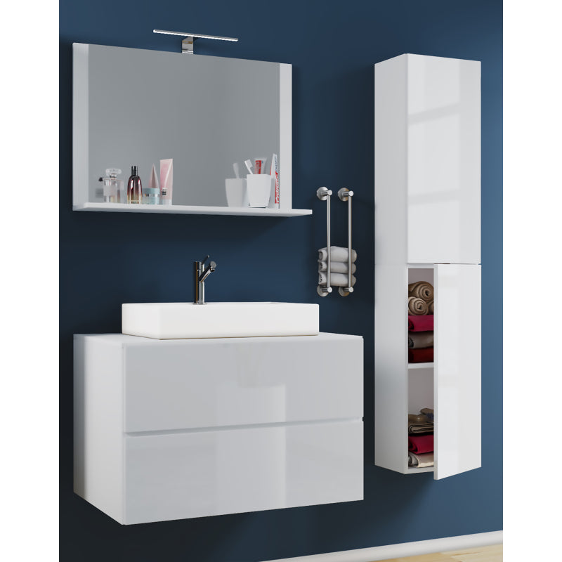 Luce Set Bagno 4 Pezzi Mobile sospeso 2 casetti con lavabo bianco large in ceramica include 1 Colonna e specchio, Bianco