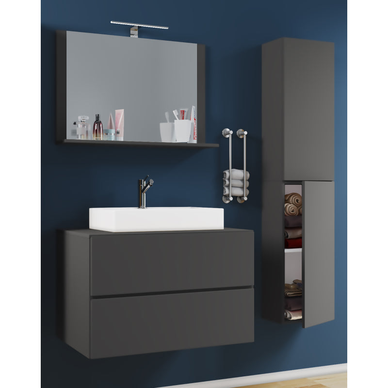 Luce Set Bagno 4 Pezzi Mobile sospeso 2 casetti con lavabo bianco XL in ceramica incl Colonna e specchio, Antr.