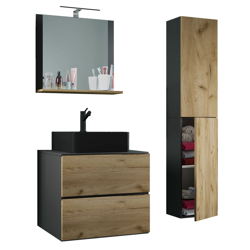 Luce Set Bagno 4 Pezzi Mobile sospeso 2 casetti con lavabo nero large in ceramica include 1 Colonna e specchio, Antr./Rovere