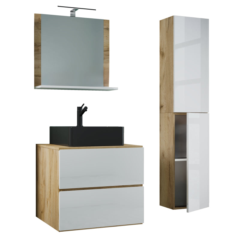 Luce Set Bagno 4 Pezzi Mobile sospeso 2 casetti con lavabo nero large in ceramica include 1 Colonna e specchio, Rovere/Bianco