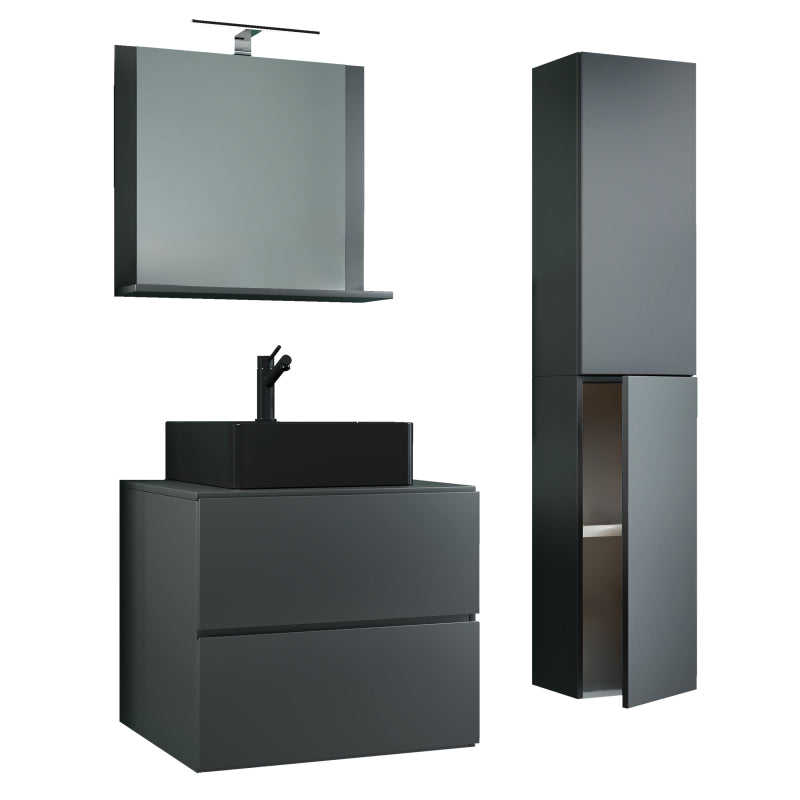 Luce Set Bagno 4 Pezzi Mobile sospeso 2 casetti con lavabo nero large in ceramica include 1 Colonna e specchio, Antracite