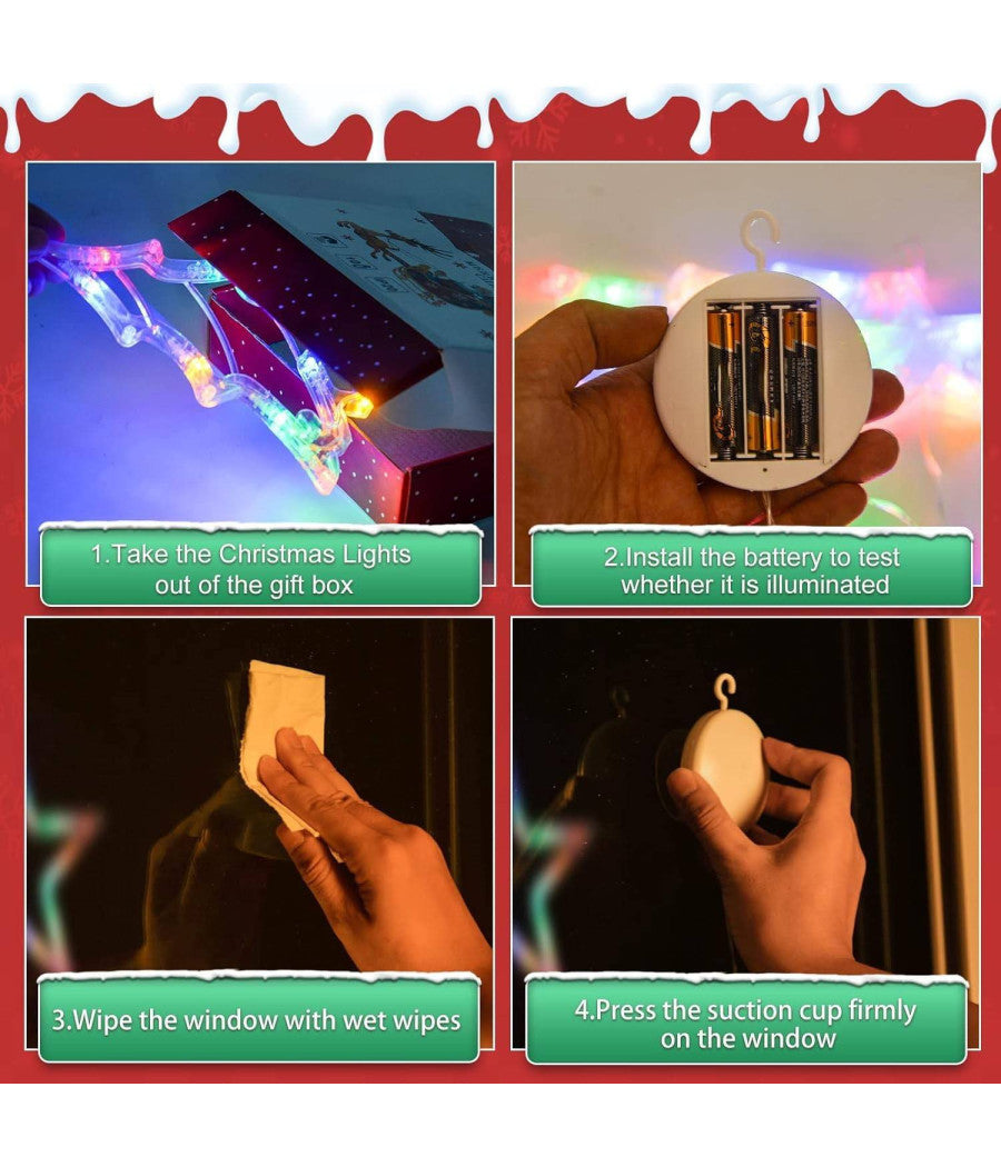 Luci Di Natale A Batteria Con Ventosa Tenda Luminosa X Vetro Finestra Multicolor         