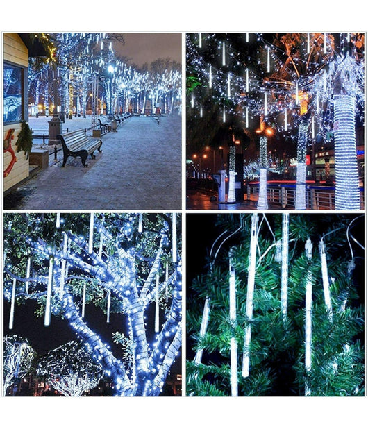 Luci Di Natale Esterno Natalizi Led Effetto Pioggia Stella Cadente Bianco Freddo         