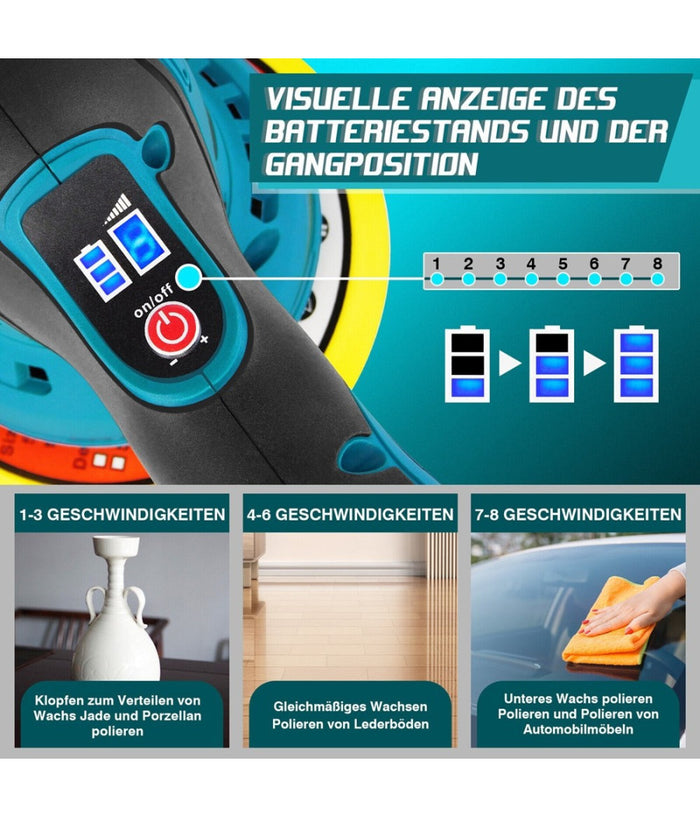 Lucidatrice Rotorbitale 2 Batterie 12 V 2000 Mah 8 Velocità  Levigatrice Per Auto         