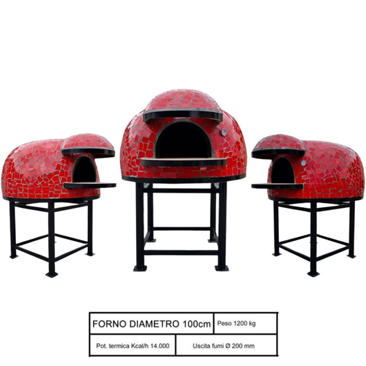 Forno legna artigianale mosaico rosso linea unique diametro 100 cm con base ferro