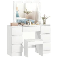 Toeletta Trucco con Specchio Stile Hollywood, 8 Luci LED, 7 Cassetti e Sgabello Imbottito, Bianco