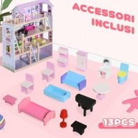 Casa delle Bambole per Bambini 3+ Anni in Legno di Pino e MDF a 4 Piani con 13 Accessori, Rosa, 60x30x80 cm