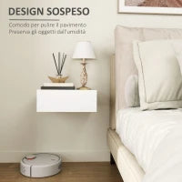 Comodino Sospeso Moderno con Cassetto, in Legno, 40x30x15 cm, Bianco