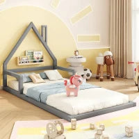 Letto Montessori a Forma di Casetta con Doghe in Legno, Letto per Cameretta per Bambini 4+ Anni, Senza Materasso, 90x200 cm, Grigio