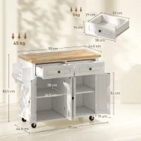 Carrello da Cucina con 2 Cassetti e 2 Armadietti, Isola da Cucina con Piano in Legno, Portaspezie e Porta Canovacci, Bianco