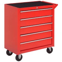 Carrello Porta Attrezzi a 5 Cassetti con Serratura, 4 Ruote e Maniglia, Carrello Officina in Acciaio 69x33x75cm, Rosso