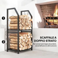 Portalegna da Esterno e Interno a 2 Livelli con 3 Ganci Laterali in Acciaio, 41x30x81 cm, Nero