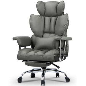 Sedia da Ufficio - RATTANTREE - Poltrona presidenziale - Sedia Girevole con Schienale Alto in Pelle, con Poggiatesta, Bracciolo e Poggiapiedi Retrattile - Grigio