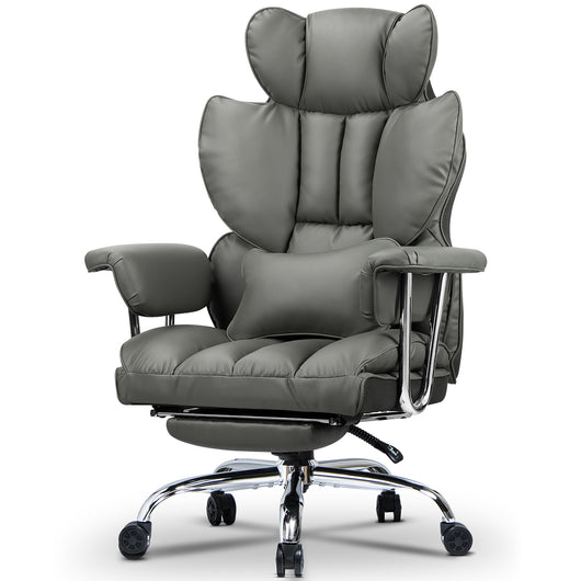 Sedia da Ufficio - RATTANTREE - Poltrona presidenziale - Sedia Girevole con Schienale Alto in Pelle, con Poggiatesta, Bracciolo e Poggiapiedi Retrattile - Grigio