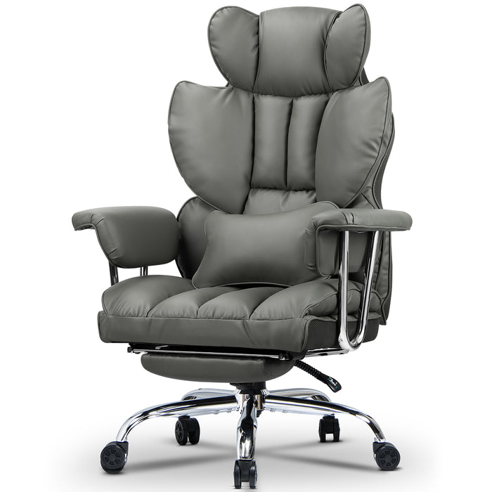 Sedia da Ufficio - RATTANTREE - Poltrona presidenziale - Sedia Girevole con Schienale Alto in Pelle, con Poggiatesta, Bracciolo e Poggiapiedi Retrattile - Grigio