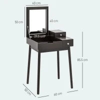 Tavolo da Trucco 2 in 1 con Specchio Ribaltabile e 2 Cassetti, 60x50x85.5 cm, Nero