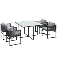 Set da Giardino 5 Pezzi in Rattan, 4 Sedie da Giardino e Tavolo da Pranzo con Piano in Vetro