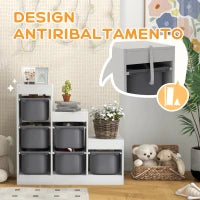 Scaffale Portagiochi a 3 Livelli con 6 Contenitori per Bambini da 3-8 Anni, 96x38.5x90cm, Grigio