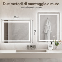 Specchio da Bagno LED 50x70cm - RATTANTREE - Specchio per il Trucco con Illuminazione a 3 colore con controllo a sfioramento - Specchio da Bagno Antiappannamento