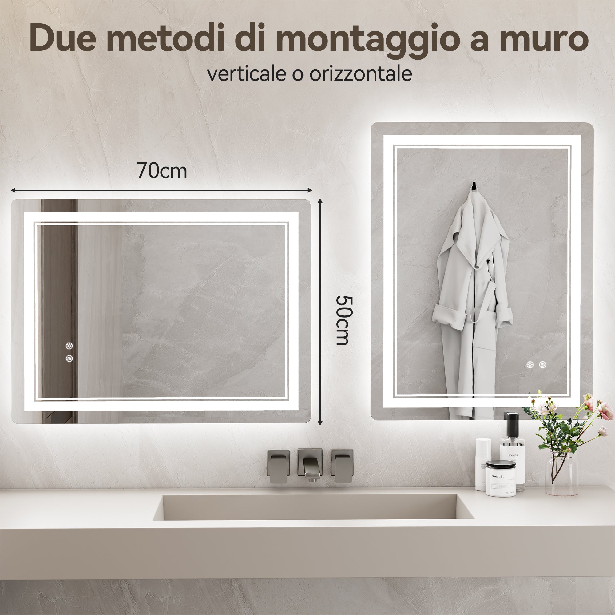 Specchio da Bagno LED 50x70cm - RATTANTREE - Specchio per il Trucco con Illuminazione a 3 colore con controllo a sfioramento - Specchio da Bagno Antiappannamento