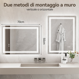 Specchio da Bagno LED 50x70cm - RATTANTREE - Specchio per il Trucco con Illuminazione a 3 colore con controllo a sfioramento - Specchio da Bagno Antiappannamento