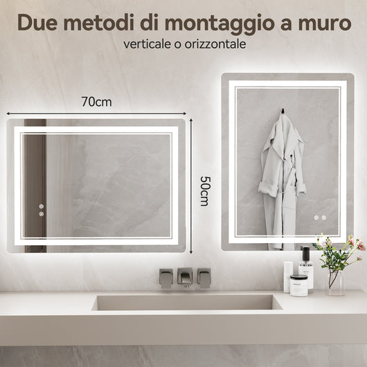 Specchio da Bagno LED 50x70cm - RATTANTREE - Specchio per il Trucco con Illuminazione a 3 colore con controllo a sfioramento - Specchio da Bagno Antiappannamento