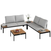 Set da Giardino 4 Pezzi con 2 Divanetti 2 Posti e 2 Tavolini in Metallo e Legno Composito, Grigio Nero e Teak